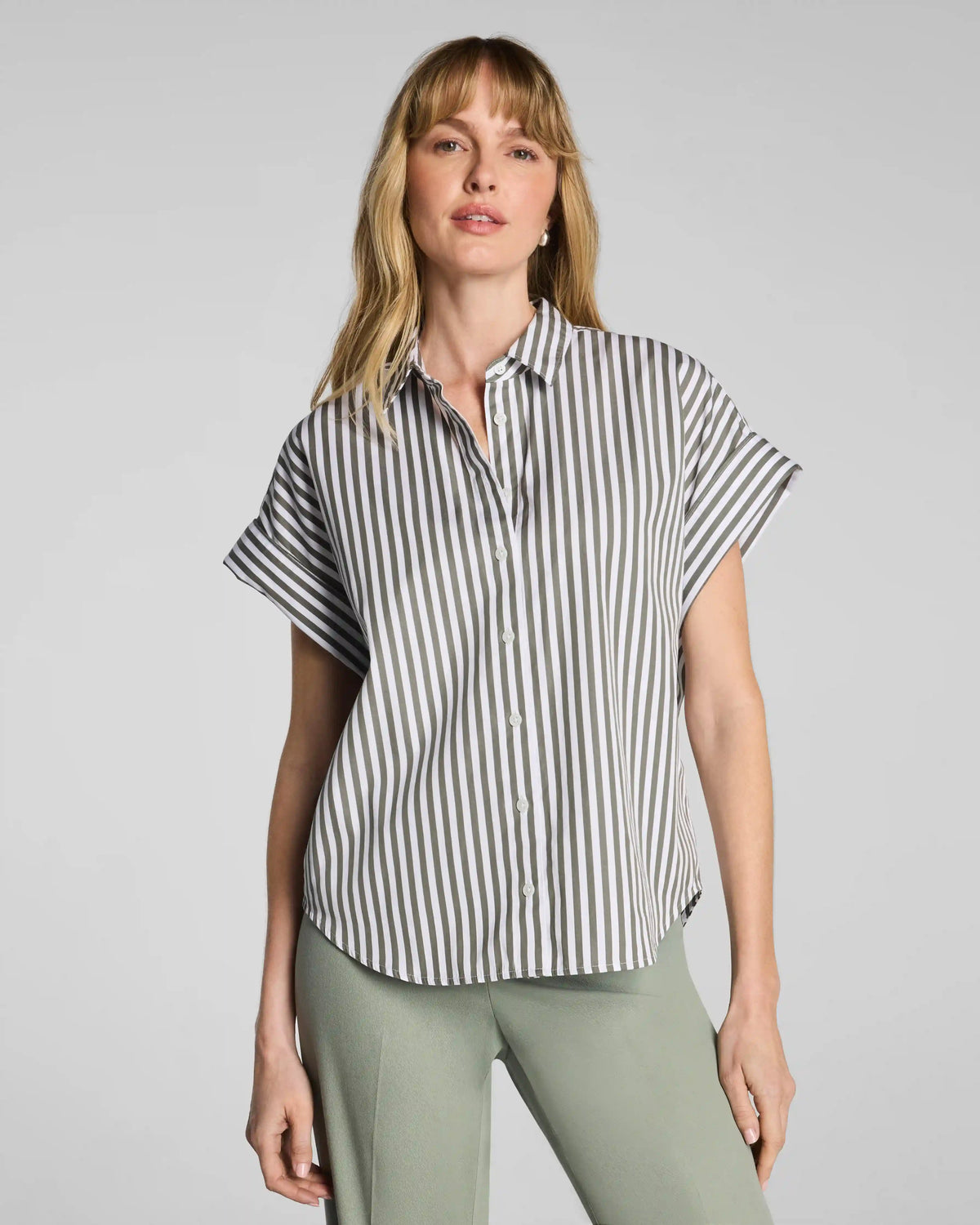 SPANX® Poplin Oversized Short Sleeve Button Down | Frosted Moss/Classic White Stripe